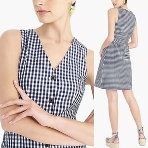 J‎ Crew Womens Gingham Cotton Dress 6 Navy Sleeveless Button Front A Line Fall